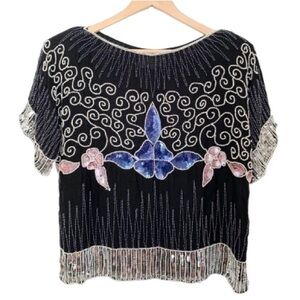 Vintage Silk Sequined Beaded Pearl Floral Formal Fancy Chic Sequins Blouse Top